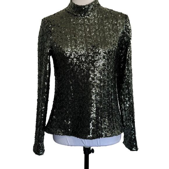 ALEXIS‎ Sequin Top Long Sleeve Blouse Gunmetal Silver Size L - Picture 1 of 10